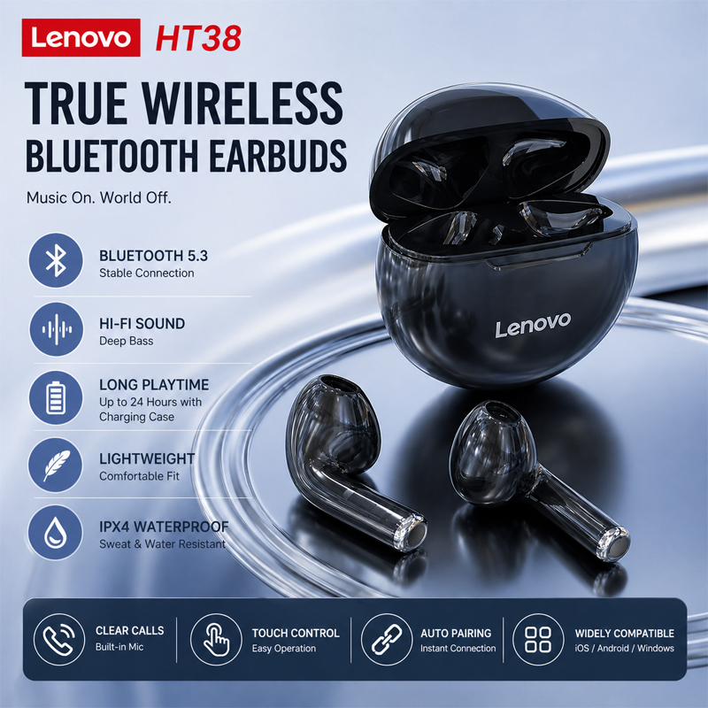 Tws Earbuds Bluetooth 5.3 - Nowe słuchawki bezprzewodowe Lenovo HT38 TWS