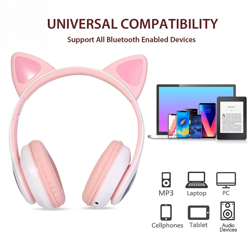 Cat Ear Bluetooth Headset Led - Bezprzewodowe słuchawki Bluetooth T28, nakładane na